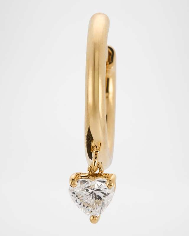 18K Yellow Gold Huggie Earring with Heart Diamond Drop, Single